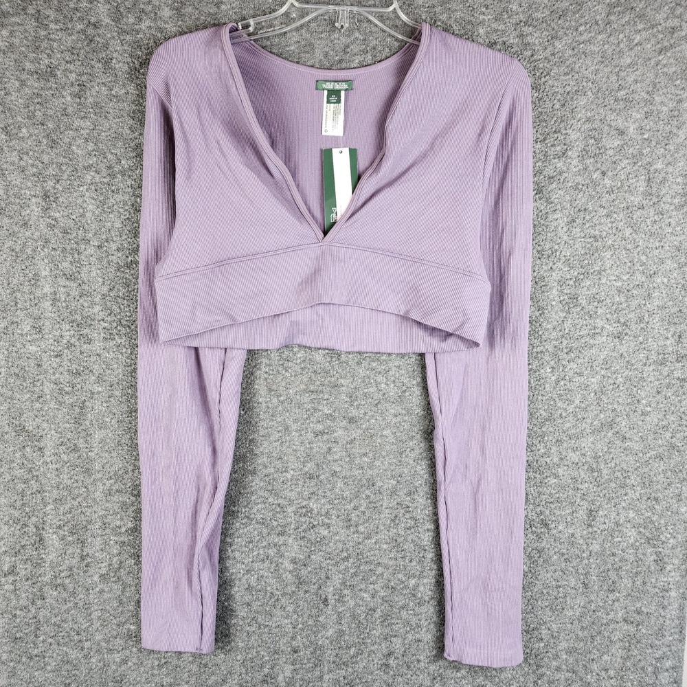 Wild Fable Crop Top Womens 2XL Purple Ribbed Seamless Long Sleeve V-Neck NEW